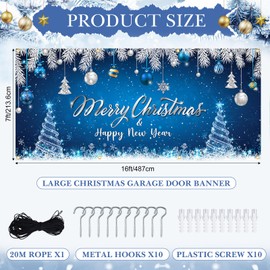 Tatuo Christmas Garage Door Banner Cover 7x16 ft Large Blue Merry Christmas Garage Decoration Happy New Year Snowflake Xmas Tree Wonderland Sliver Ball Backdrop for Winter Holiday Party Supplies