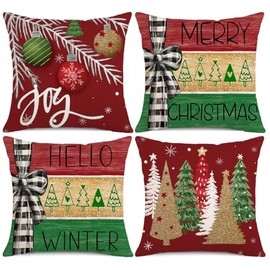 Christmas Decorations Pillow Covers 18x18 Set of 4 Merry Christmas Joy Snowflake Xmas Trees Hello Winter Holiday Pillows Decorative Throw Cushion Case for Sofa Couch KI160-Red