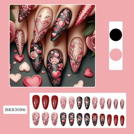 24 Pcs Valentine's Day Press on Nails Medium Almond Fake Nails Full Cover Acrylic Nails Valentines Design Rose Heart Glue on Nails Medium Length False Stick on Nails Glossy Artificial Nails for Women