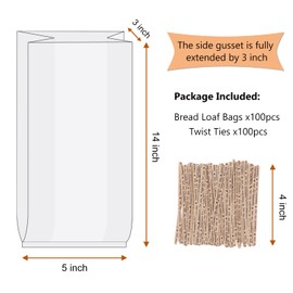 Small Bread Poly Bags,100 Pcs 14x3x5 Inches Bread Loaf Packing Bags with 100 Twist Ties,Clear Thick Gusseted Grocery Bakery Bag (Small-5x3x14)