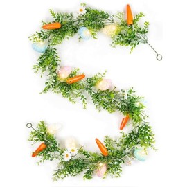N&T NIETING Guirnalda de Pascua artificial de 6 pies con 10 huevos de Pascua brillantes y 6 zanahorias de Pascua, guirnalda floral de primavera para el hogar, cocina, chimenea, interior y exterior, fiesta de vacaciones