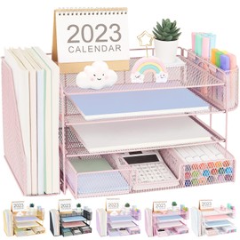 OPNICE Desk Organizers and Accessories, 4-Tier Paper Organizer with Drawer and Pen Holder, Office Desk Accessories Workspace Desktop Organizer for Classroom Supplies College Dorm Room Girl(Rose Pink)