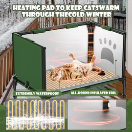 Stdily Elevated Heated Cat House for Outdoor Cats in Winter, Waterproof, Fully Insulated, Outside Feral Cat Shelter Weatherproof for Stray Barn Cat (Green, Medium)