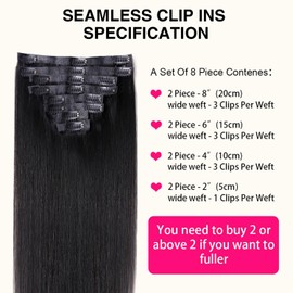 Seamless Clip In Hair Extensions Real Human Hair Invisible PU Skin Weft Straight Clip Ins 100% Unprocessed Human Hair Extensions 8pcs with 18Clips Per Set 120g(26inch,Natural Black)