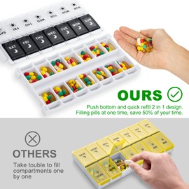 Pill Boxes 7 Day 2 Times a Day, Weekly AM PM Pill Box with Snap Shut Lids Design, 14 Compartments Tablet Organiser for Hold Vitamins and Medication (Black)