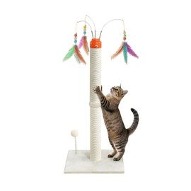 YARUOMY Cat Scratching Post ，33.4" Sisal Rope Cat Scratcher Tall Scratching Post for Indoor Cats with Interactive Cat Toys Automatic Teaser Wand and Rotating Hanging Balls