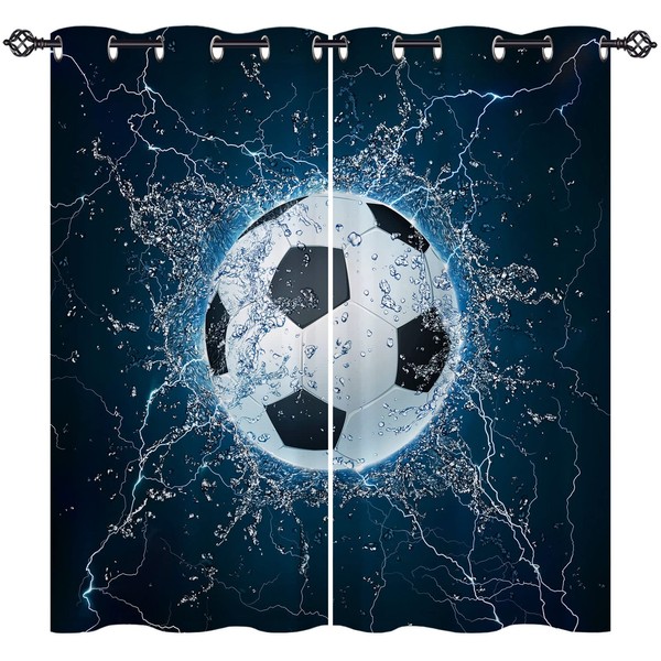 ANHOPE Football Curtains Eyelet 80% Blackout Curtains with Sports Theme Ball Soccer Print Pattern Thermal Soundproof Window Drapes for Kids Boys Girls Teens Bedroom Living Room 30 x 63 Inch 2 Panels