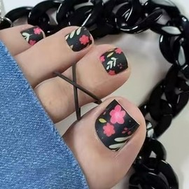 Black Press on Toenails Short Square Fake Toenails Flower Stick on Toenails Spring Glue on Toenails Matte Full Cover Acrylic False Toenails Cute Artificial Toenails Reusable Toenails for Women 24Pcs
