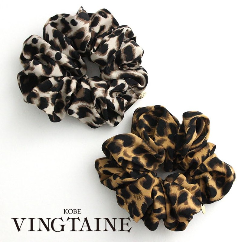 Vingtaine HS-123-BE Leopard Pattern Scrunchie, Leopard Pattern, Easy Hair Accessory,