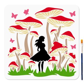MAYJOYDIY Mushroom Stencil 11.8x11.8inch Butterfly Maiden Template with Paint Brush Large Mushroom Forest Reusable Template Grassland Plant Art Stencil for Wood Fabric Wall Window DIY Craft