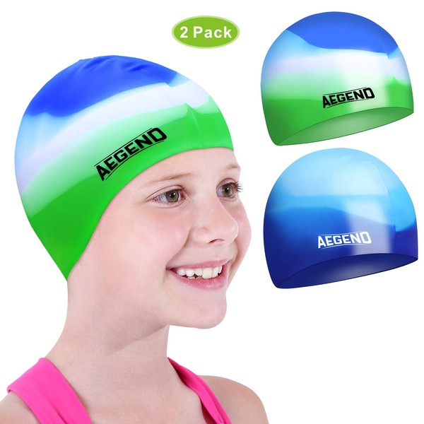 Aegend Kids Swim Cap (Age 4-8), 2 Pack, Blue & Green