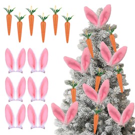 Sozize 12Pcs Easter Tree Decorations Bunny Ears and Carrots Set - Clip-on Fluffy Pink White Rabbit Ears with Hanging Carrots Ornaments for Easter Spring Party Home Decor