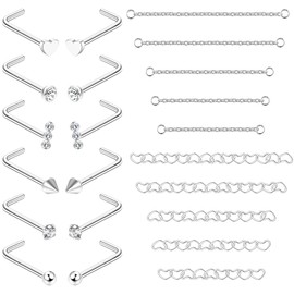 Thunaraz Nose Rings Nose Chain Piercing Across Nose Double Nose Ring with Chain Nose Studs with Chain 20G Nose Piercing Stud Nostril Jewelry for Women Men Silver Tone
