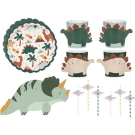 48-Piece Tableware Set Dino Party Tableware Children's Birthday Dinosaur Plates Cups Napkins Dinosaur Party Birthday Boy Girl Party Tableware 48-Piece Set for 12 People