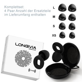 Longivia® Ohrstöpsel zum Schlafen aus Silikon Schwarz + 8 Aufsätze in XS/S/M/L Gehörschutz zum Schlafen bis zu 27dB - Ohrenschutz Lärmschutz, Noise Cancelling Earplugs for Sleeping Ohrenstöpsel