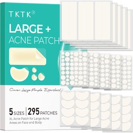 TKTK Large Pimple Patches for Face, 68 x 27 mm XL Acne Patches, Big Hydrocolloid Bandages for Body, Forehead, Chin, Nose, Chest and Back Blemish Zit Breakouts (Strip, Contoured, Dot 5 Sizes 295 Count)