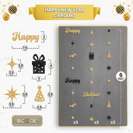 KatchOn, Glitter Happy New Year Garland - 6.5 Feet, Pack of 9, No DIY | Happy New Year Banner, Black and Gold New Year Decorations 2025 | Happy New Year Backdrop, New Years Eve Party Supplies 2025