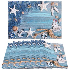 Blue Placemats Set of 8, Summer Nautical Theme Starfish Shell Fishnet Non Slip Heat Resistant Linen Fabric Cloth Place Mats, Washable Holiday Party Dining Table Mats for Coastal Home Kitchen Decor