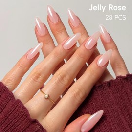 DUKASOU Semi Cured Gel Nail Strips, 28 pcs Gel Nail Stickers Full Nail Wraps, Work with Any UV Lamp, Long Lasting Gel Nail Strips, Includes Prep Pads, Nail File & Wood Stick (Jelly Rose)