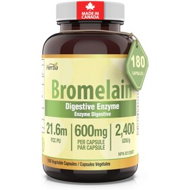 Herba Bromelain Supplement 600mg – 180 Capsules | 2,400 GDU/g Max Potency | Powerful Digestive Enzymes for Women and Men | Made in Canada