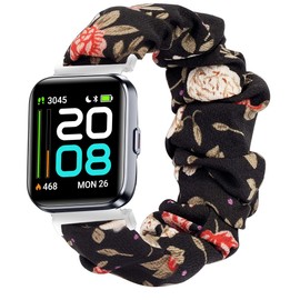 Lamshaw ID208 Plus Smart Watch, Fabric Elastic Scrunchie Elastic Band Cute Replacement Straps Compatible for Quican, aeac, WMK, Fitpolo ID208 Plus 1.8'' Smart Watch (Black Flower)