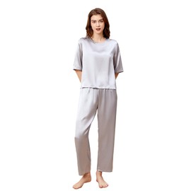 THXSILK Silk Women's Pajama Set 2 Pack, 6A Medium Size 100% Pure Mulberry Silk Soft Luxury Round Neck Short Sleeve Nightwear with Long Pants, Grey