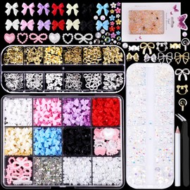 3D Nail Charms and Rhinestones, Mixed Color Flower Bow Star Nail Art Charms,Half Round Pearl Flatback Nail Gems,Gold & Silver Nail Studs,Gravel Diamond Manicure Kit DIY Nail Art Supplies Accessories