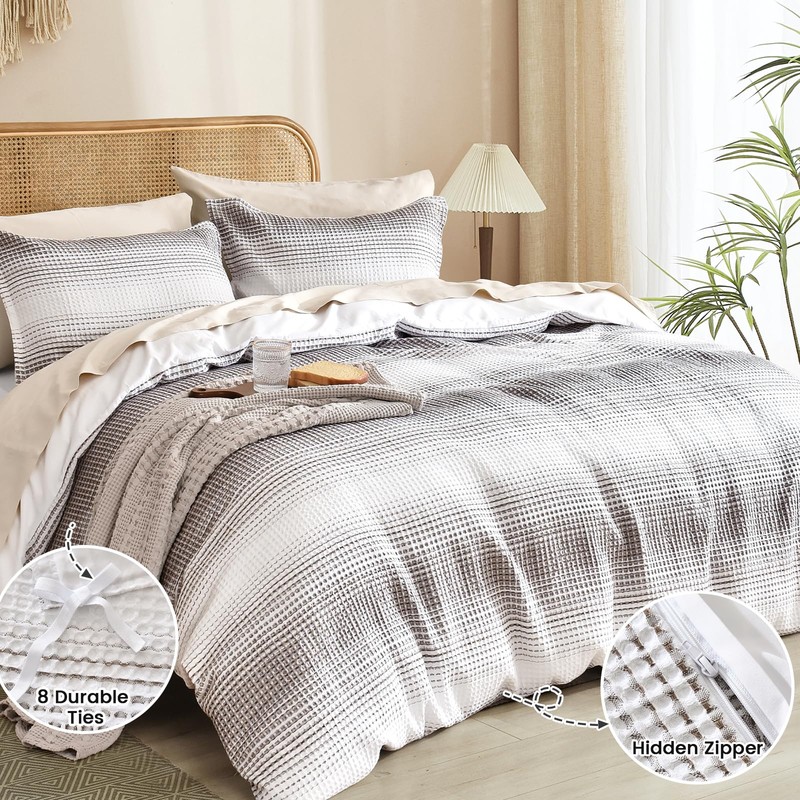 PHF Waffle Weave Duvet Cover Set Queen Size, Striped Yarn-Dyed