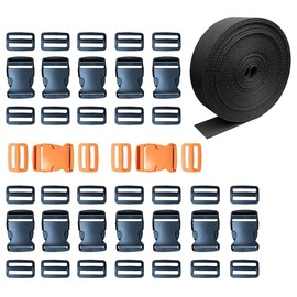 LHLBBGS Buckles and Straps 1-1/2 Inch, 11 Yards Webbing+14 Pack Heavy Duty Adjustable Side Release Plastic Buckles+28 Tri-Glide Slide Clips, No Sew Quick Replacement Backpack Buckles Webbing Strap Set