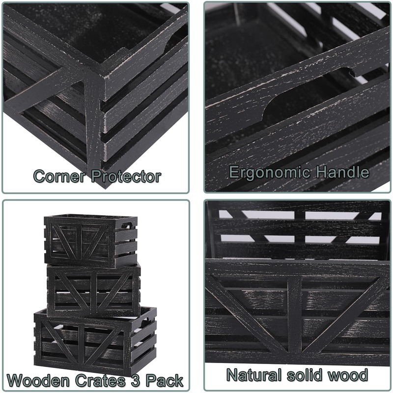 HTAYUXWO Storage Crates Nesting Wooden Boxes 3 Pack,Wood Storage Crates