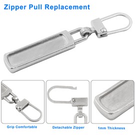 Zorveiio 6pcs Silver Zipper Pull Replacement, 1mm Thickness Detachable Zipper Pull Tabs,Metal Zipper Handle Repair Kit for Jeans, Pants Backpacks Boots