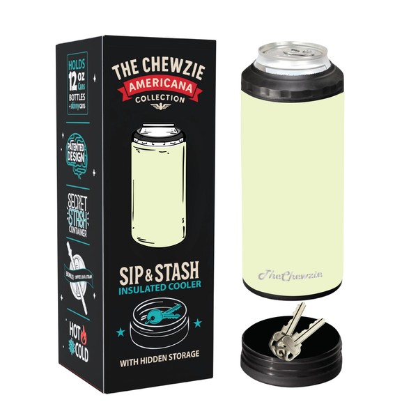 TheChewzie Universal 4‑in‑1 Can Cooler with Hidden Storage - Fits Slim Cans, Regular Cans, Bottles and More - Insulated Stainless Steel - Americana Collection
