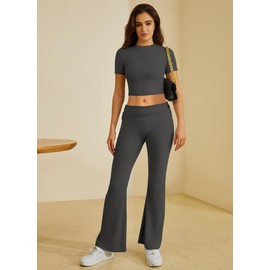 COPYLEAF Two Piece Lounge Sets for Women Fold Over Flare Pants Short Sleeve Crop Top Y2k Outfits Matching Set Tracksuit(Dark Grey XL)