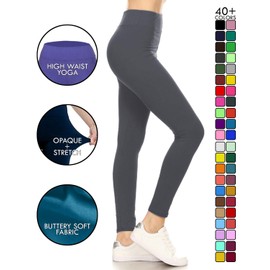 Leggings Depot Women's 3" Waistband Yoga High Waisted Solid Leggings Pants (Full Length, Charcoal Gray, Medium)