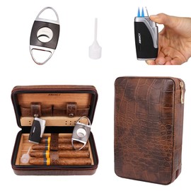 AMANCY Manly Black Brown Crocodile Pattern Leather Travel Cedar Wood Lined 4 Cigar Humidor Case, Included Cigar Cutter and Lighter Set