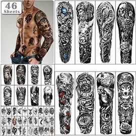 Yazhiji 46 sheets Full Arm Skull Temporary Tattoos For Men Half Arm Shoulder Angel Tattoo for Ladies Fake Waterproof Wolf Lion Stone Tattoo Stickers For Adult or Kids
