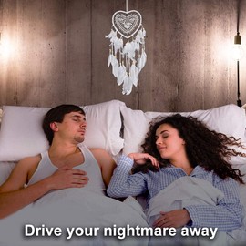 White Heart Dream Catcher, Wall Hanging Feather Dream Catcher Handmade Fairy Dreamcatcher Ornament for Bedroom Wedding Decoration (White)