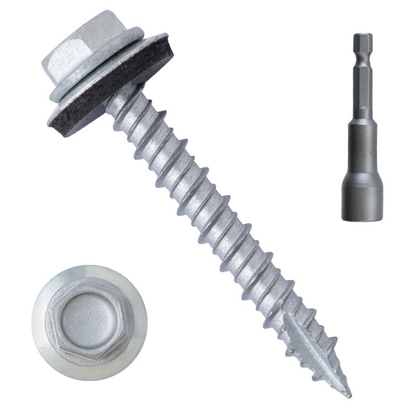 LIONMAX Metal Roofing Screws #10 × 1-1/2 Inch, 300-PCS, Zinc Plated Hex Head Sheet Metal Roof Screw, Rubber Washer, Sharp Point Self Tapping Screws, Hex Socket Included