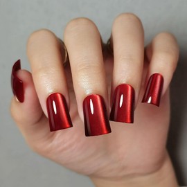 Red Press on Nails Medium Square Duck Mouth Fake Nails Cat's Eye False Nails Press Ons with Designs Glue on Nail Full Cover Reusable Acrylic Nail for Women 30Pcs