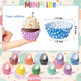Mini Cupcake Liners Baking Cups - R HORSE 600Pcs Polka Dots Mini Size Cupcake Cups for Baking, Multi-color Disposable Cupcake Paper Baking Cups Cupcake Wrapper, Gift for Women Baking Cooking Lovers