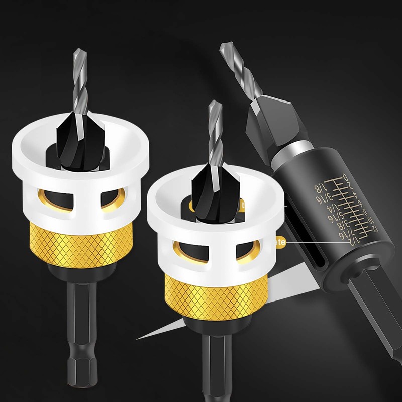 LUMOOM 6-Piece Countersink Drill Bit Set with Adjustable Depth Stop,