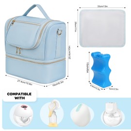 Jaffzora Wearable Breast Pump Bag with Cooler Compartment Fits for Willow/Elvie/Momcozy M5/S12 Pro/Medela, Breast Milk Travel Tote Bag with Ice Pack & Waterproof Mat,Blue