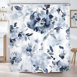 AMBZEK Long Navy Blue Floral Shower Curtain 72Wx78L Inch Flower Spring Watercolor Peony Leaves Women Nature Modern Artwork Cloth Fabric Waterproof Polyester Bathroom Decor Set with 12 Pack Hook