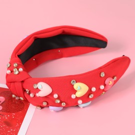 Gmmidea Valentine’s Day Headband for Women Candy Love Conversation Heart Headband Jeweled Beaded Heart Knotted Headband Sparkly Red Pink Rhinestone Hairband Valentines Accessories Gifts