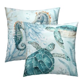 Mweet Ocean Throw Pillows Covers 18 x 18 Inch - 2PCS Blue Marine Life Seahorse Sea Turtle Decorative Square Pillowcases for Couch Sofa Bench Living Room Bedroom Decoration, lhlhy9CA6DUP88240111