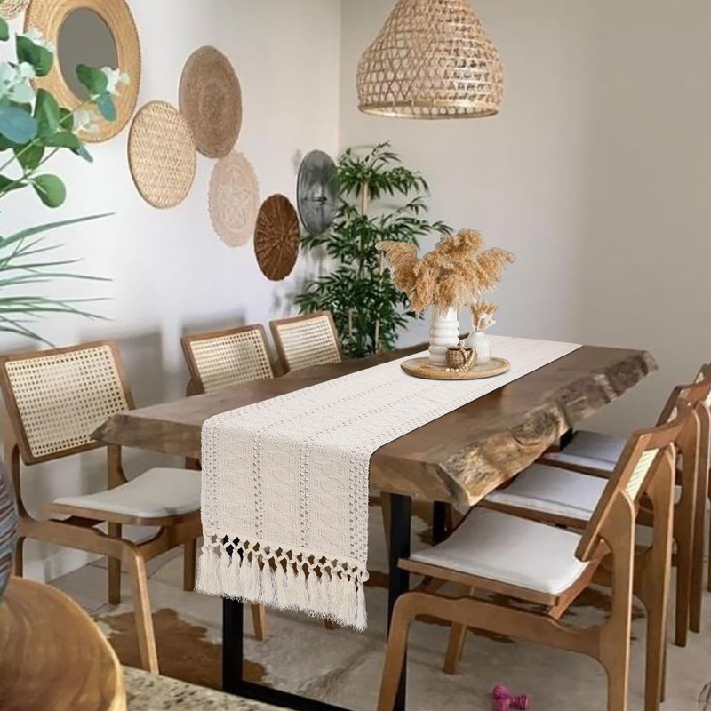 yuboo Boho Table Runner Short, Fall Beige Macrame Coffee Table