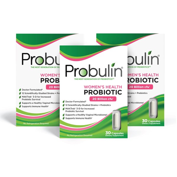 Probulin Women’s Health Probiotic + Prebiotic for Vaginal, Gut & Immune Health - Shipped Cold & Protected - 20 Billion CFU - 12 Probiotic Strains, 30 Vegan Capsules (Pack of 3)