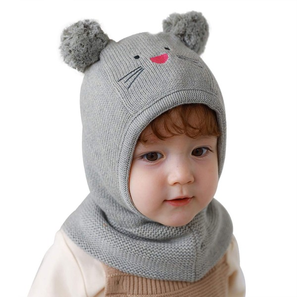 LLmoway Toddler Infant Warm Beanie Winter Fleece Knit Hat with Ear Flaps Scarf Boys Hood Skull Cap S Grey