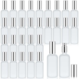 Roshtia 30 Pcs Glass Spray Bottle Clear Empty Bottles Small Refillable Reusable Glass Perfume Bottle with Fine Mist Sprayer Pump for Face Body Sprays Travel (Silver,3.4 oz)