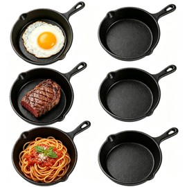 6 Pack Mini Cast Iron Skillet, 4 Inch Small Non-Stick Frying Pans with Double Drip Spouts, Pre-Seasoned Heat Evenly Cookware, Safe for Stove Oven Grill Campfire, Indoor Outdoor Serving